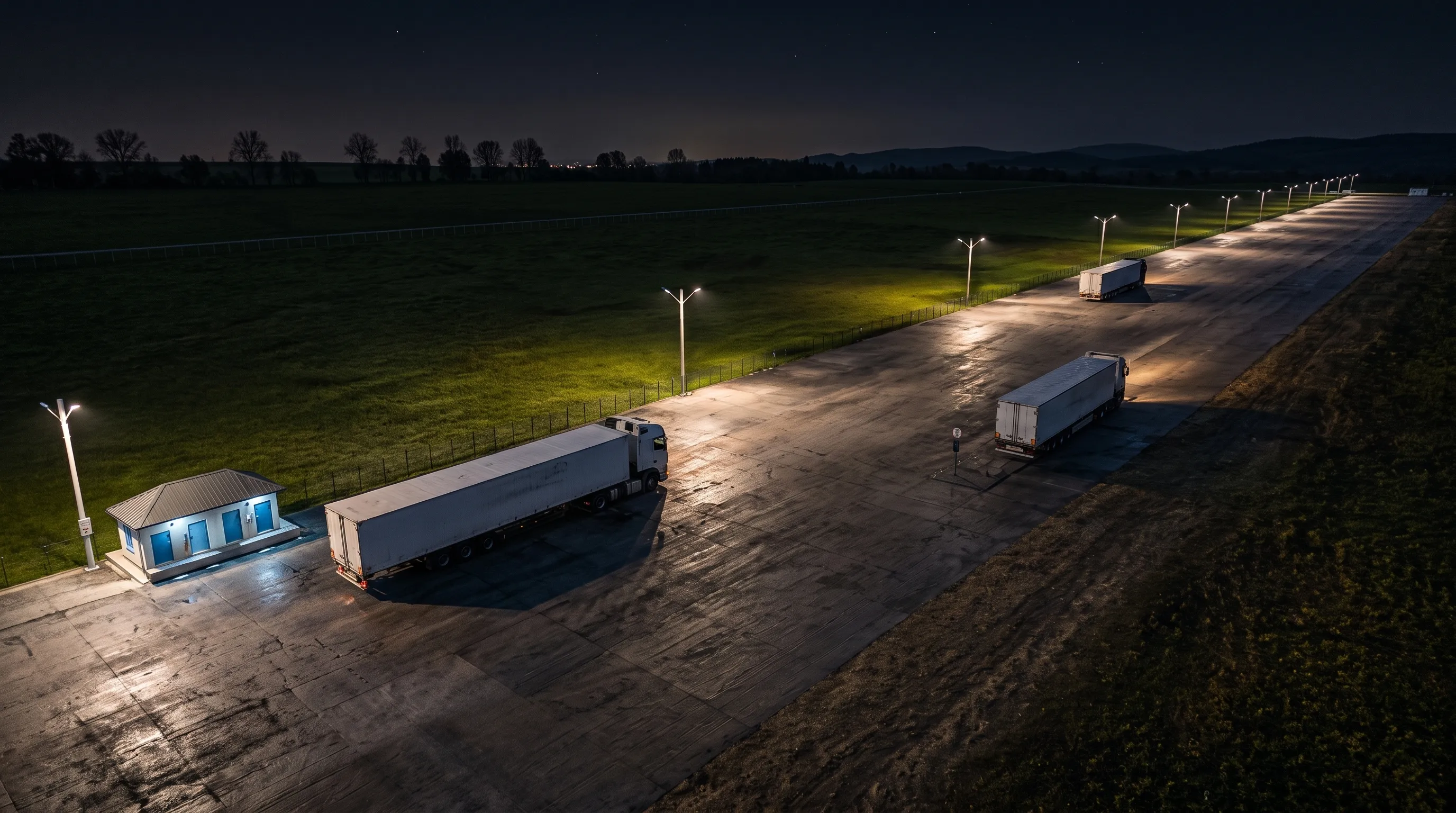 Perspectiva noturna do pátio de acesso e triagem rural com iluminação externa.