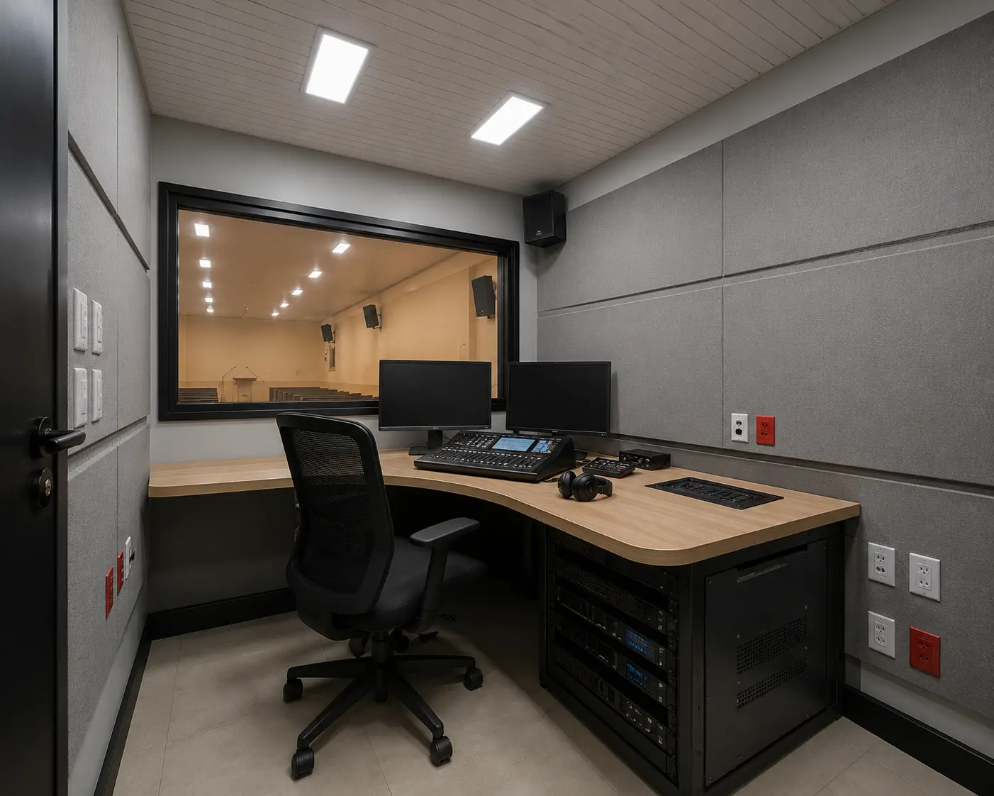 Sala de som da igreja com mesa de controle, monitores e infraestrutura técnica.