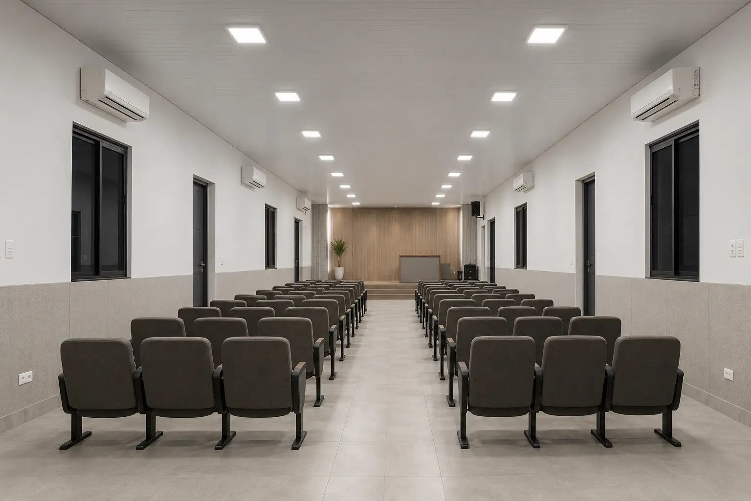 Salão principal da igreja com nave, palco, cadeiras e iluminação interna.