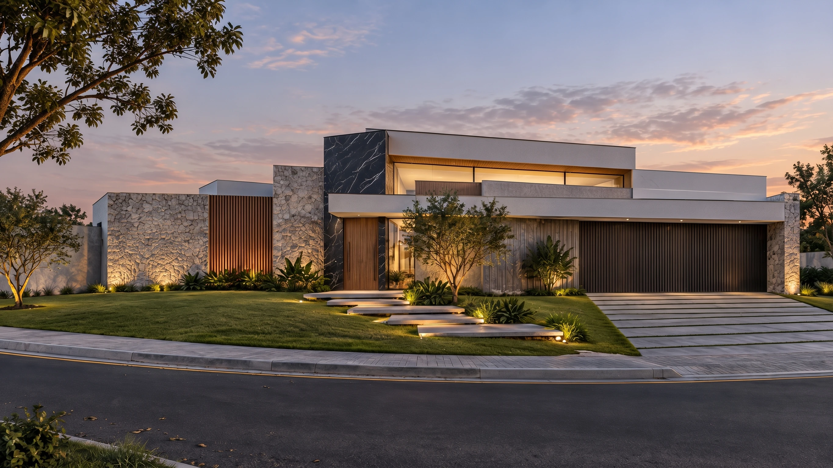 Residência contemporânea com iluminação integrada ao entardecer