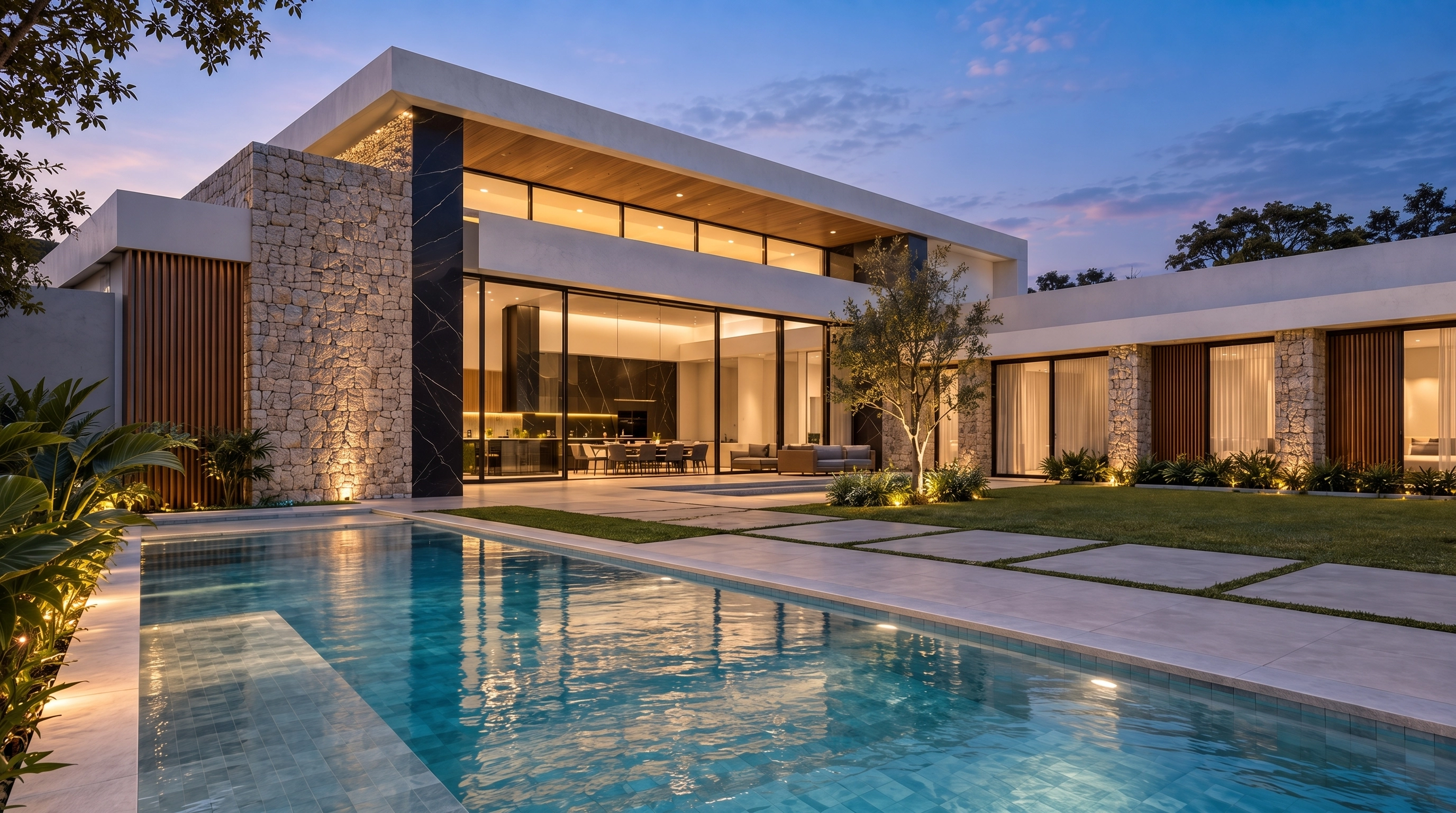 Residência contemporânea com piscina iluminada ao entardecer