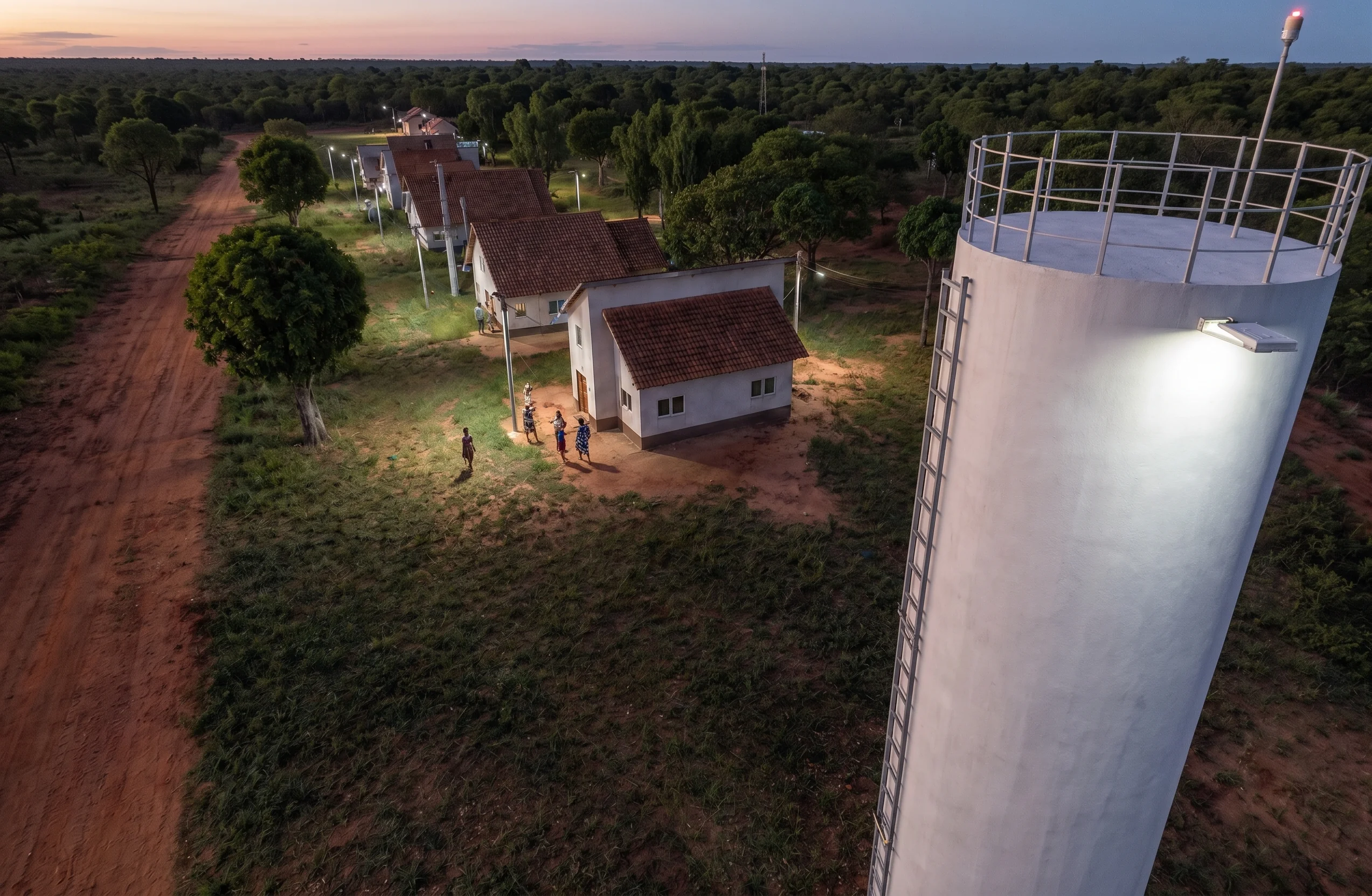 Vista aérea ao entardecer do retiro rural, com edificações iluminadas e reservatório.