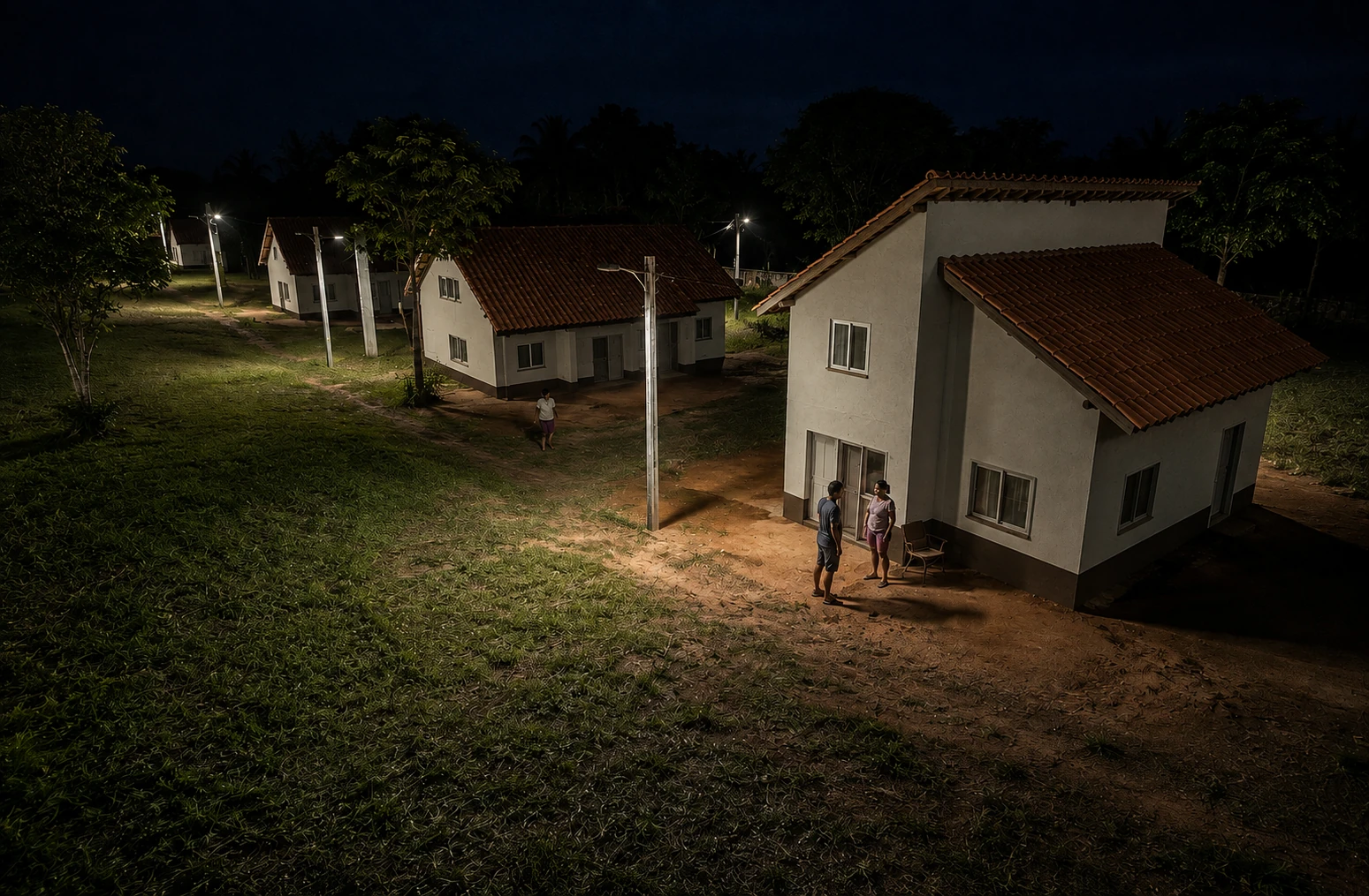 Residências do retiro rural com postes de iluminação nos acessos.