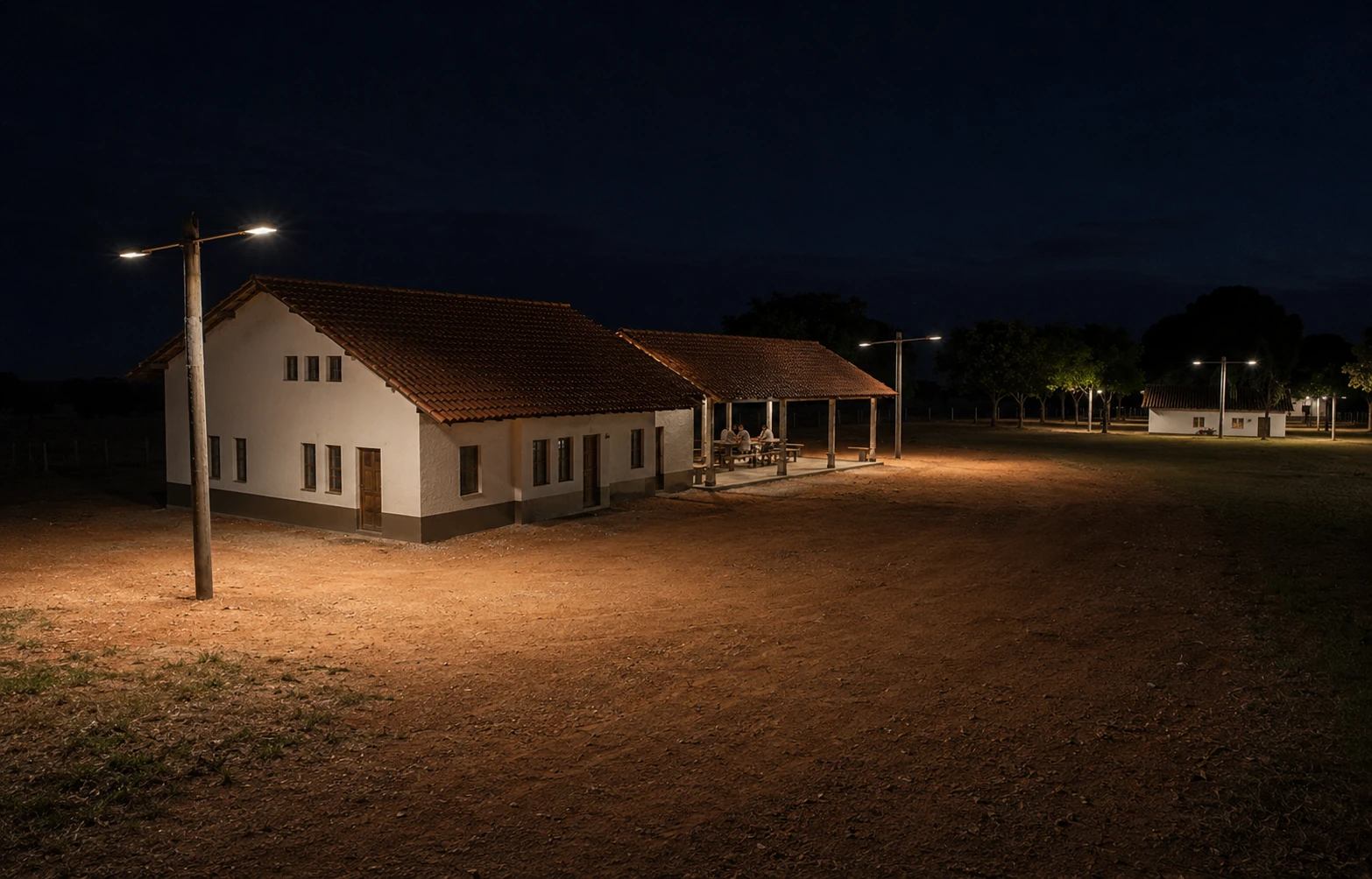 Refeitório rural iluminado durante a noite.