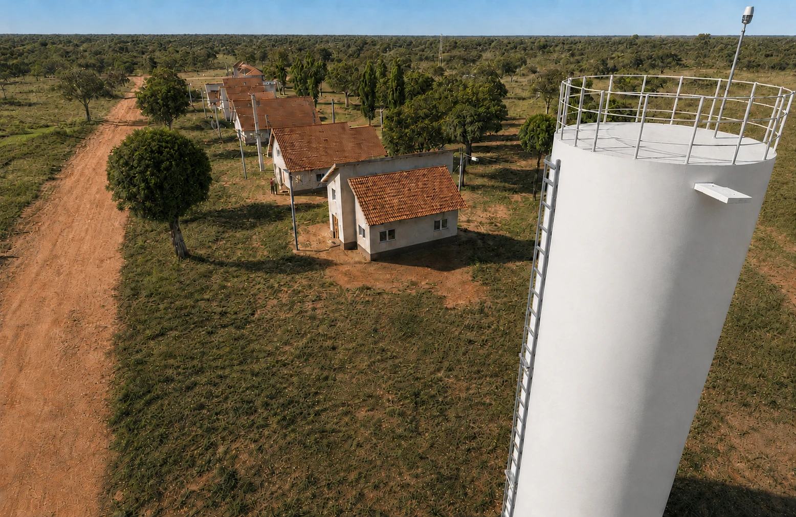 Vista aérea do retiro rural iluminado sem identificação visual.