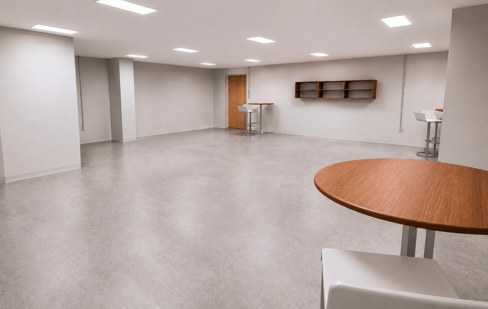 Área de convivência da Tribuna de honra com iluminação e tomadas organizadas.